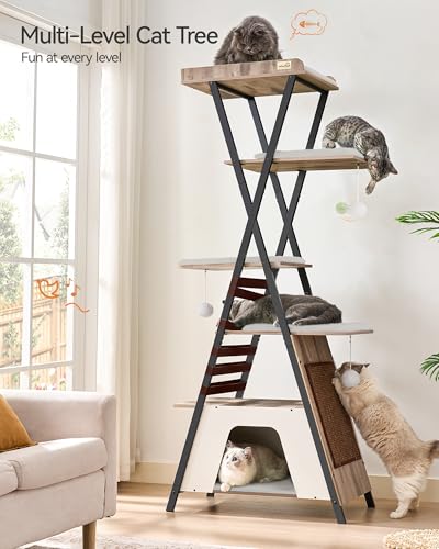 FourFurPets 72.4" Modern Cat Tower for Indoor Cats - Multi-Level Condo With Caves, Tall Tree With Scratching Board, Wooden Tower With Large Perch