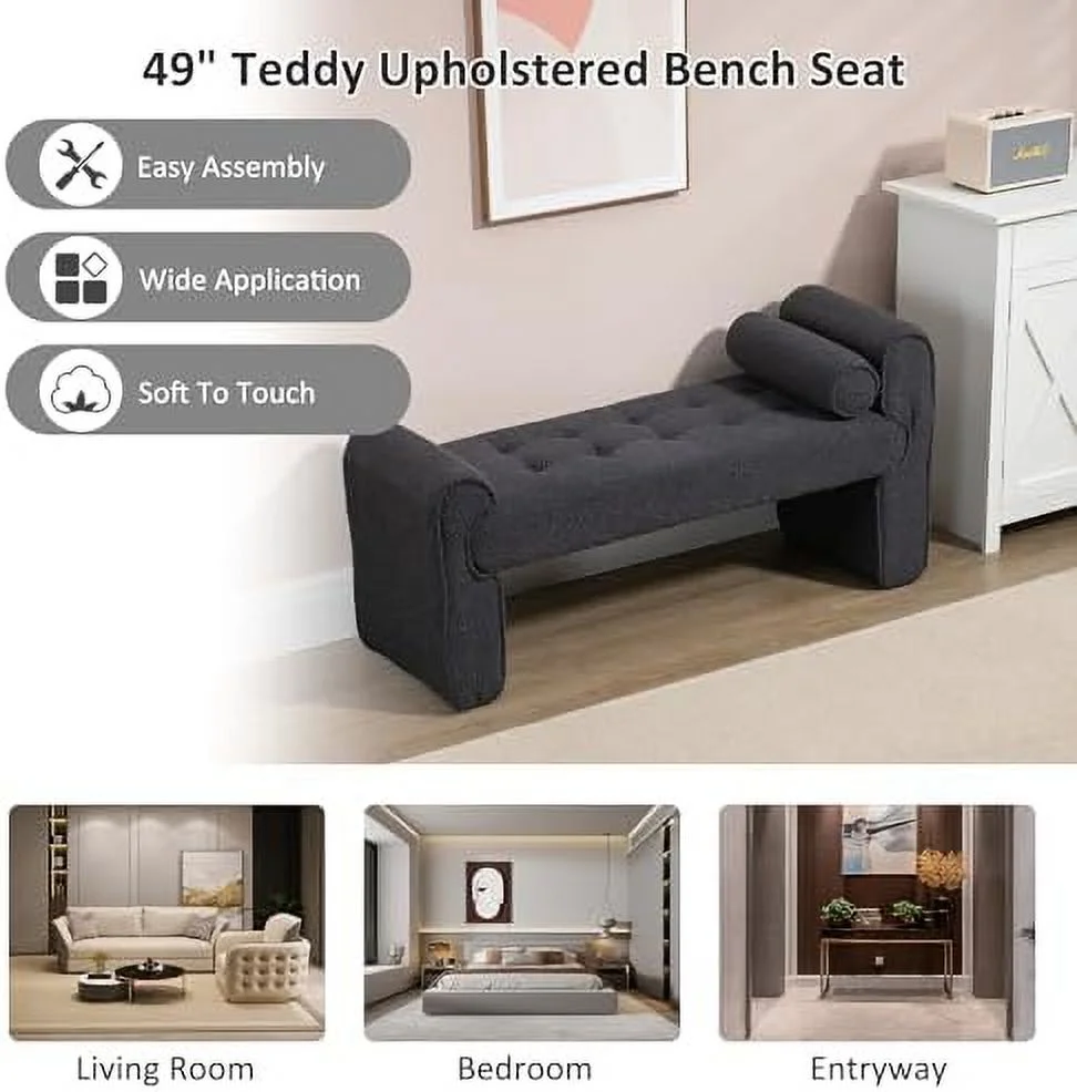 49.02" Boucle Bench for Bedroom End of Bed   Sherpa Upholstered Entryway Bench Teddy Ottoman Bench Seat for Living Room Foyer Window (Orange)