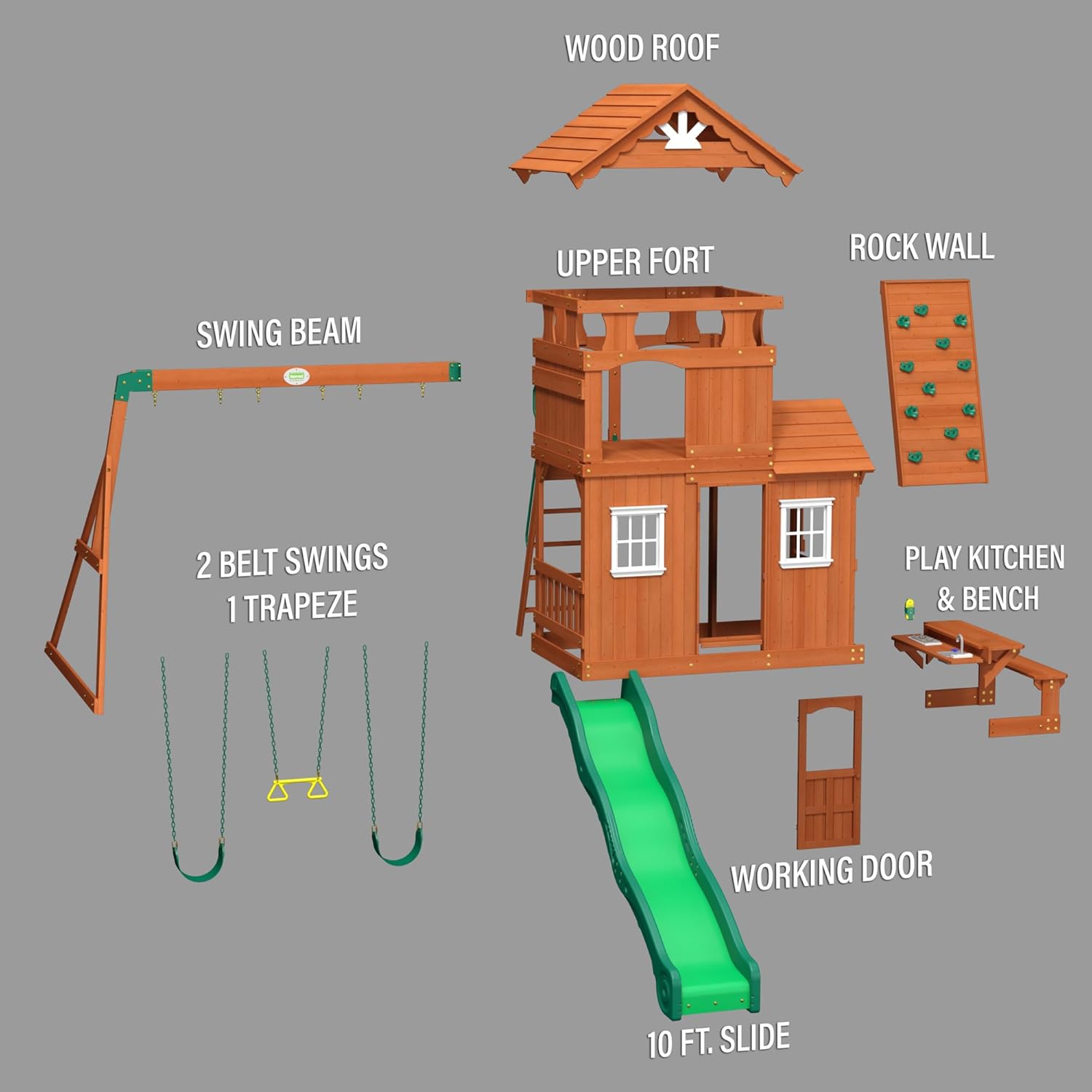 Backyard Discovery Shenandoah All Cedar Wooden Playset Swing Set with 2 Belt Swings, Trapeze Bar, 10 ft Wave Slide, Covered Upper and Lower Playhouse