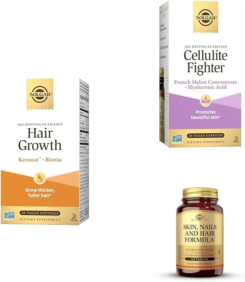 Solgar Hair, Skin & Nails Vitamin Bundle- Solgar Hair Growth Keranat & Biotin, 30 softgels + Cellulite Fighter, 30 softgels + Skin, Nails & Hair