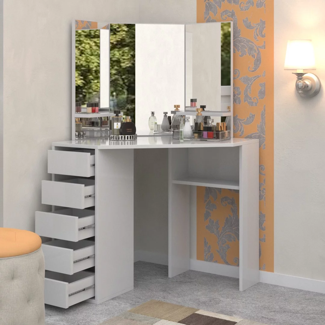 Roomsmart Corner Makeup Vanity Desk with 3 Mirrors and 5 Drawers