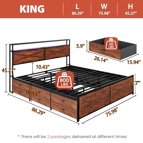 Full Size Bed Frame with Headboard, LED Platform Bed with 4 Storage Drawers, Built in Charging Station, Noise-Free, Metal Support Base