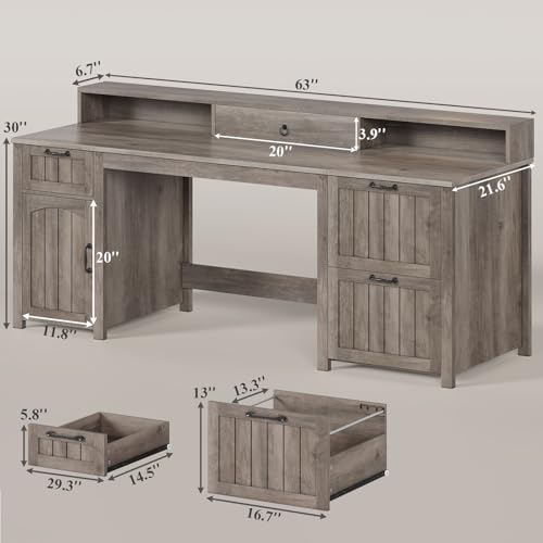 SEDETA Farmhouse 63" Executive Desk, Home Office Desk with File Drawer and Monitor Stand, Computer Desk with Drawers and Storage Cabinet