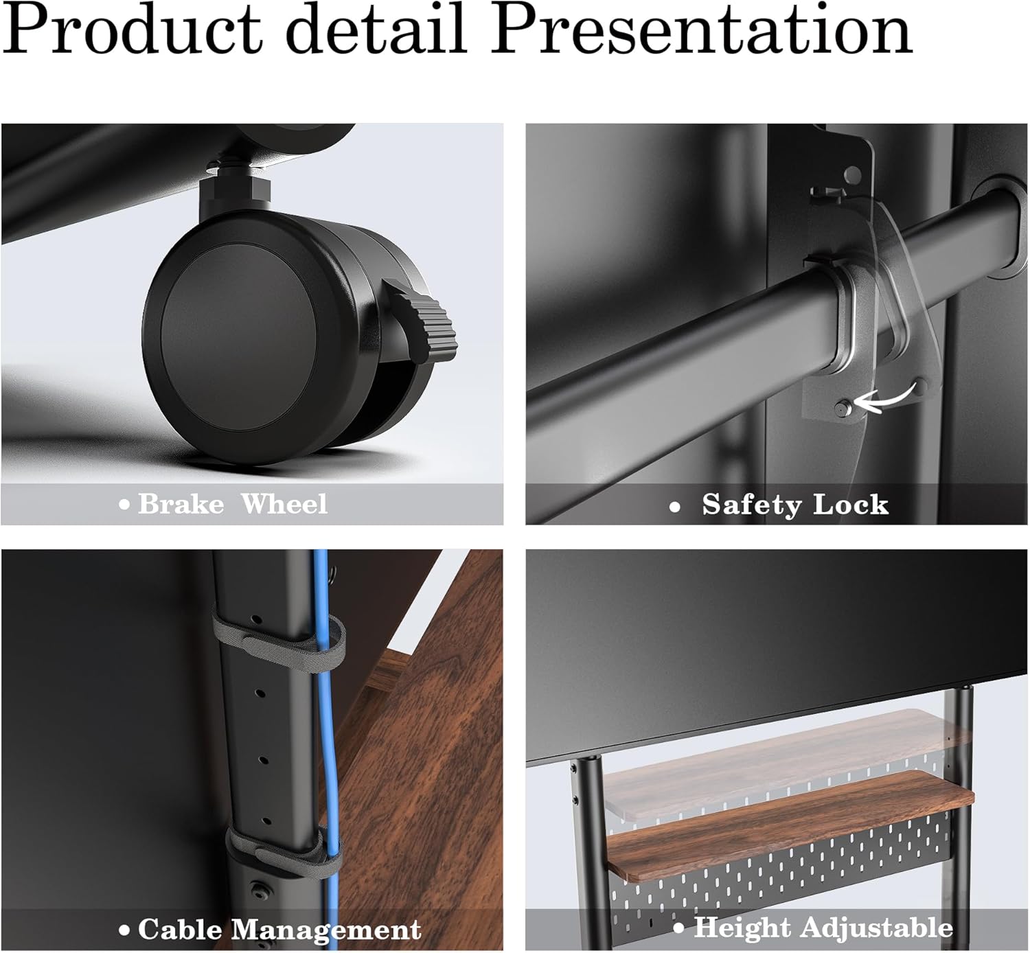 FITUEYES Mobile Stand for 40-85 Inch LCD/LED Flat Curved Screens with Wooden Large Storage and Black Height Adjustable Rolling TV Stand Hold Up to 88