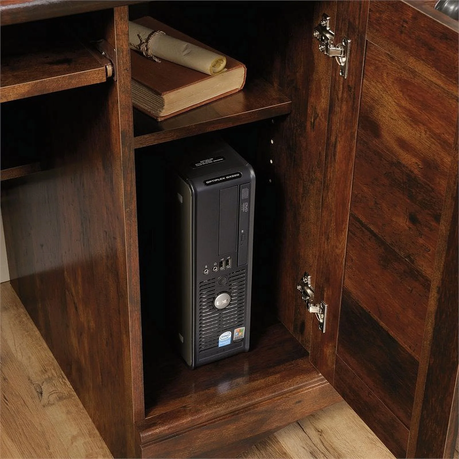 Pemberly Row Computer Desk and Hutch with CPU Storage and Keyboard Drawer, Curado Cherry