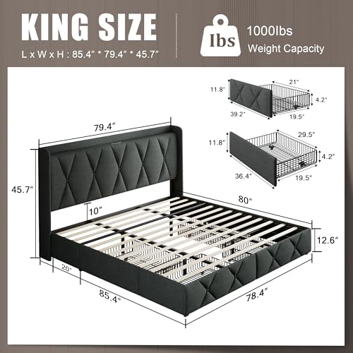 Queen Bed Frame with 4 Storage Drawers and Charging Station, Upholstered Platform Bed Frame with Storage Headboard, No Box Spring Needed