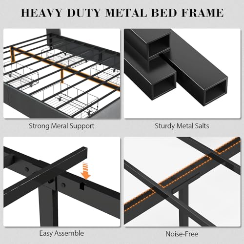Queen Bed Frame with 2 Storage Drawers, Platform Bed Frame Queen Size with LED Light, Upholstered Headboard, Charging Station, Steel Slat Support