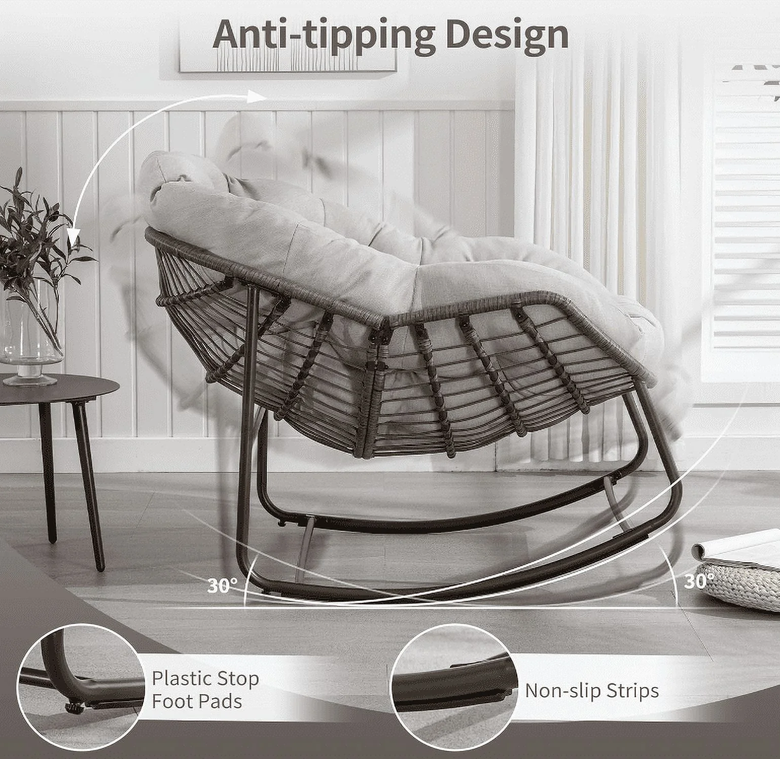Villeston Outdoor Patio Rocking Chairs, Oversized Papasan Rocking Chair Indoor with Padded Cushion - Rocker Egg Chair for Front Porch, Garden, Patio