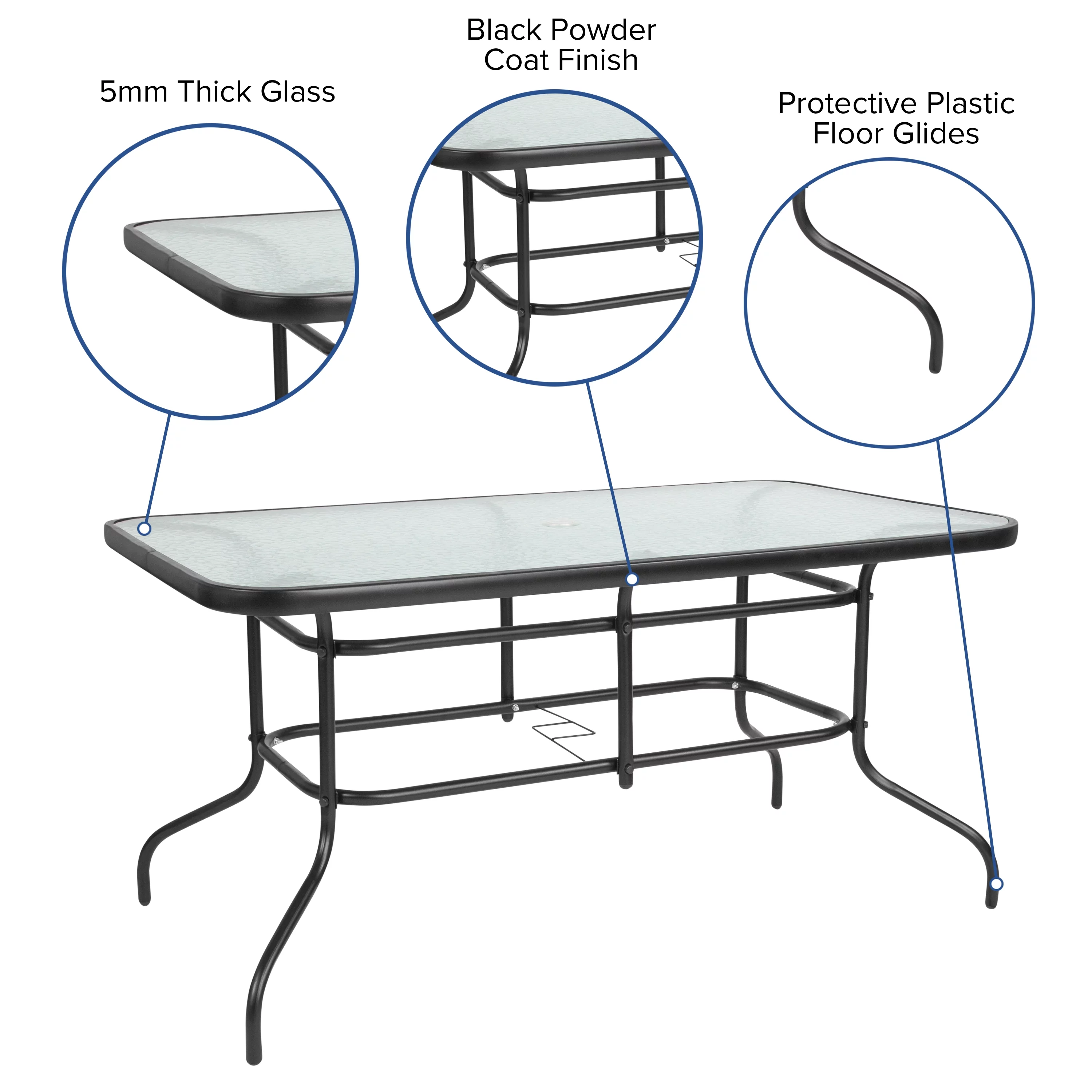 BizChair 7 Piece Outdoor Patio Dining Set - 55" Tempered Glass Patio Table with Umbrella Hole, 6 Brown Flex Comfort Stack Chairs
