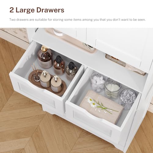 57.8“H Tall Bathroom Cabinet, Storage Cabinet with 2 Drawers & 2 Adjustable Shelves, Bathroom Storage Cabinet with 4 Doors