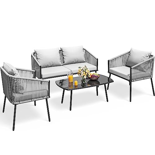 YITAHOME 4-Piece Patio Furniture Wicker Outdoor Bistro Set, All-Weather Rattan Conversation Loveseat Chairs for Backyard