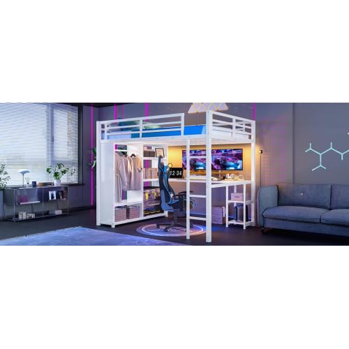 Metal Loft Bed with Wardrobe and L-Shaped Desk, Full Size Loft Bed with Storage Cubes and Shelves, Heavy Duty Loft Bed for Kids Teens, White