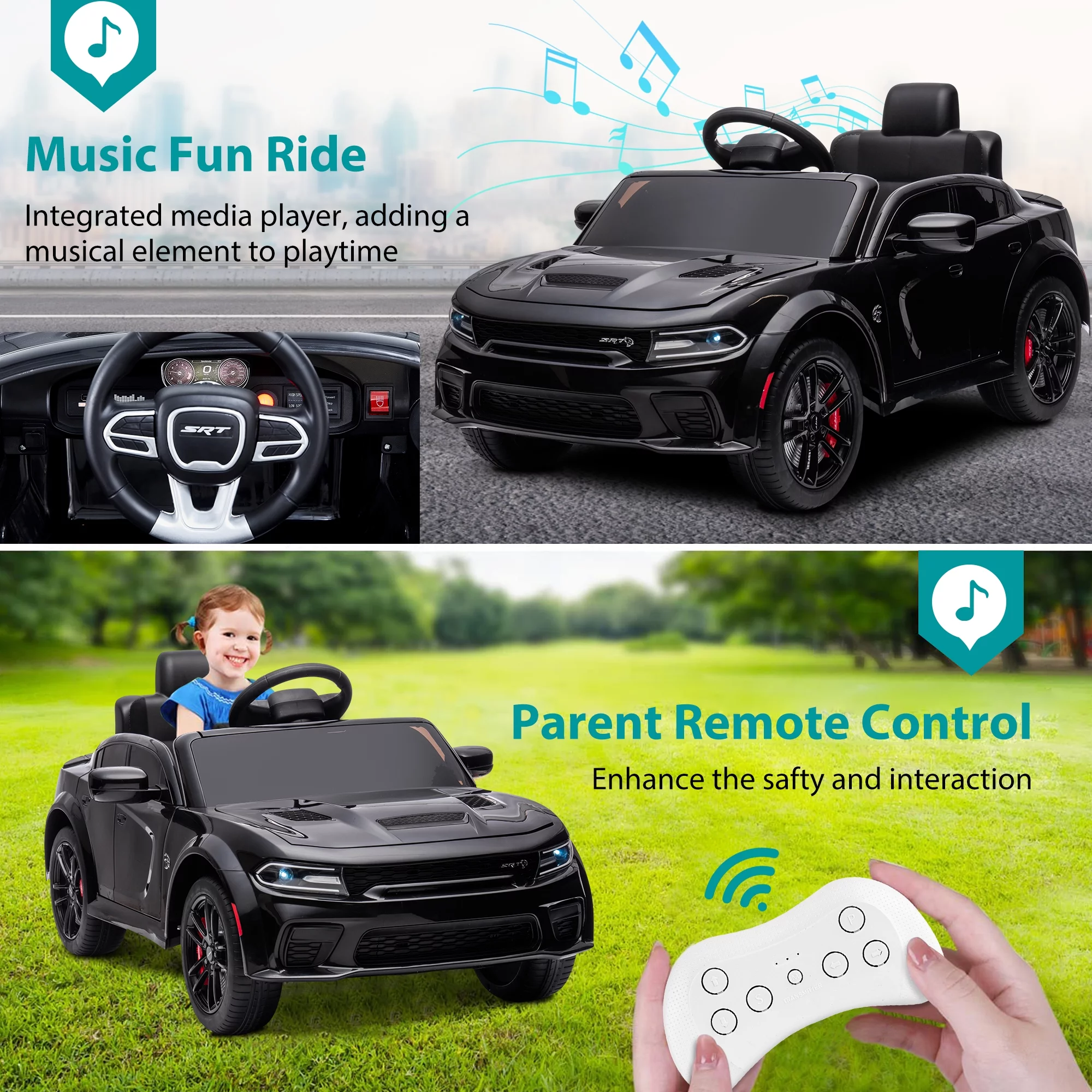 iRerts 12V Black Dodge Charger Ride On Cars with Remote Control, Kids Ride on Toys with Bluetooth, Music, LED Light, USB, MP3, 4 Wheel Suspension