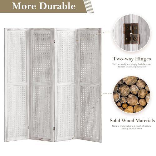 4 Panel Room Dividers and Folding Privacy Screens, 5.6Ft Wooden Pegboard Display, Privacy Dividers for Bedroom