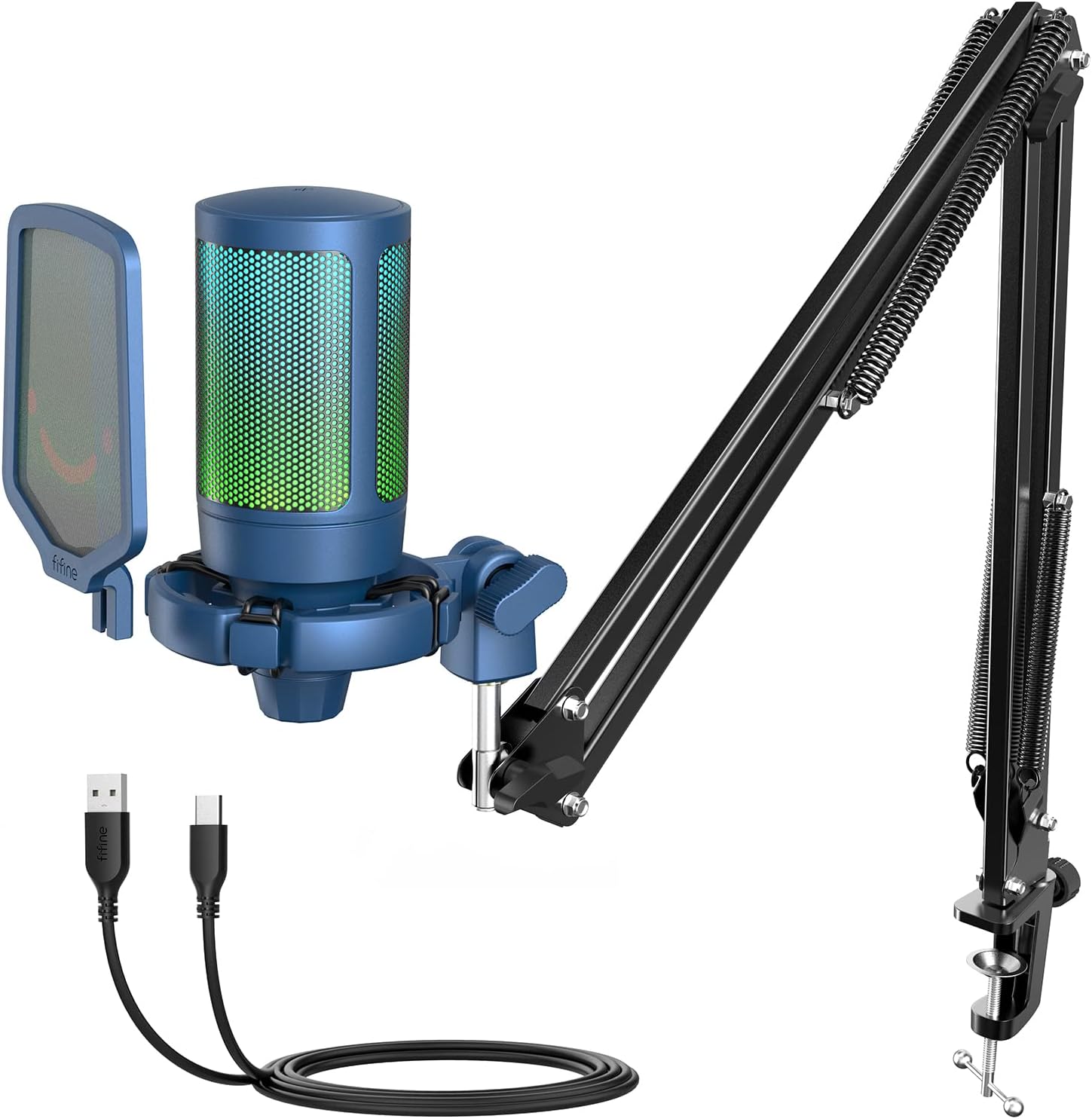 FIFINE USB Gaming Microphone Kit, Plug & Play for PC, PS4/5, 192 kHZ Condenser Cardioid Microphone Set with Mute Button, Volume Gain, RGB, Arm Stand