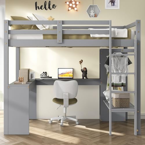 Full Size Loft Bed with L-Shaped Desk, Wardrobe and Storage Shelves, Solid Wood Bedframe w/Safety Guardrails & Ladder for Kids Teens Adults