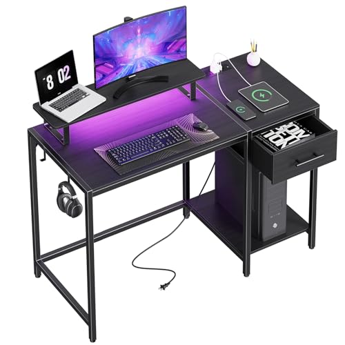 Computer Desk with Drawers, 55 inch Office Desk with Storage and Monitor Stand,Gaming Desk with LED Light and Power Outlet, Work Desk for Home Office
