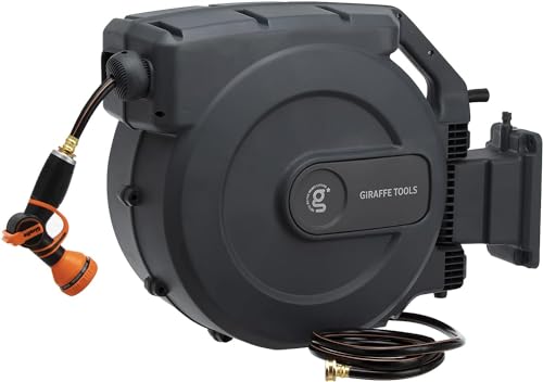 Giraffe Tools AW30 1/2MB Retractable Garden Hose Reel 1/2" x 100 ft PRO Metal Bracket, Heavy Duty, Any Length Lock Hose Reel, 100 ft, Dark Grey