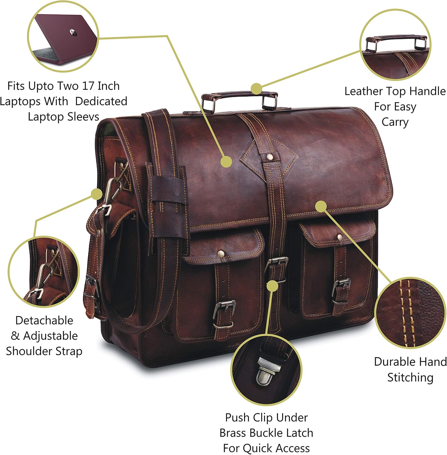 Vintage Leather Laptop Bag for Men Full Grain Large Leather Messenger bag for men 18 inches with rustic look Best leather briefcase by Hulsh
