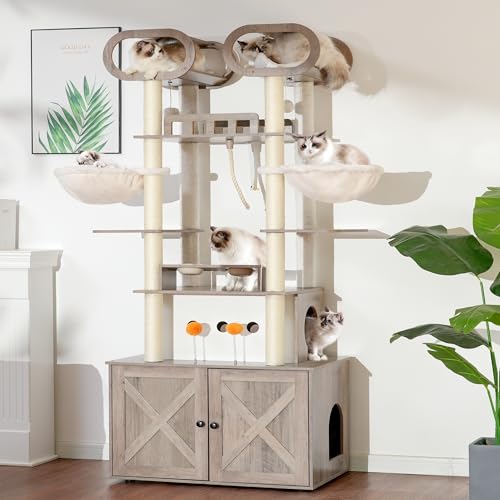 Heybly Cat Tree with Litter Box Enclosure, 76.8-inch Wooden mainecoons Cat Tower with Food Station,Extra Large Platforms