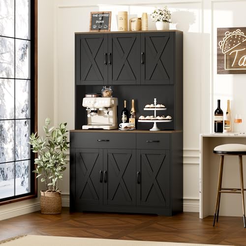 HOSTACK 71" Pantry Cabinet with Charging Station, Tall Kitchen Pantry Storage Cabinet with Microwave Stand