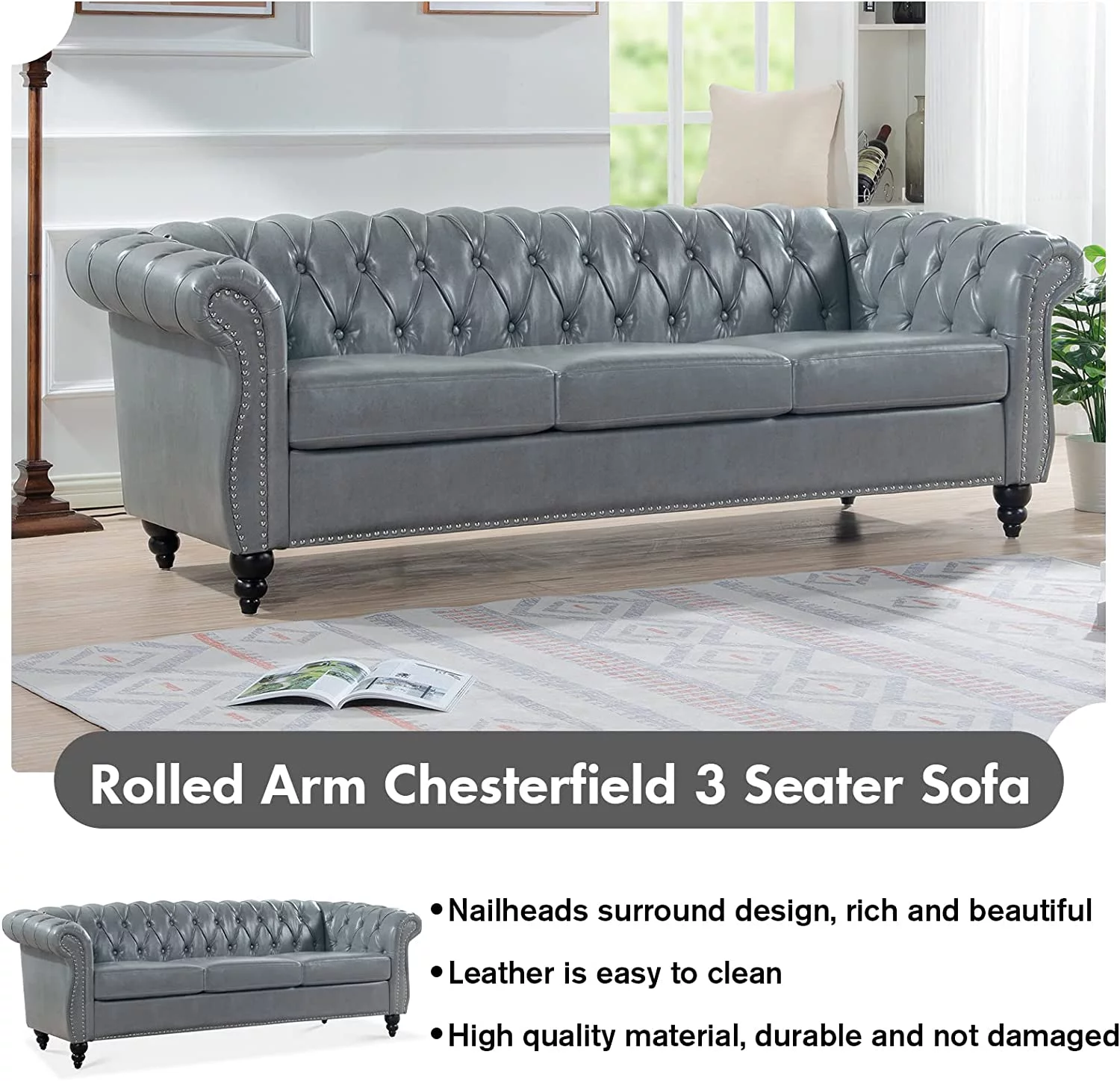 84" Leather Chesterfield Sofas for Living Room, Rolled Arm 3-Seater Large Couch Deep Button Nailhead Tufted Upholstered Couches for Bedroom