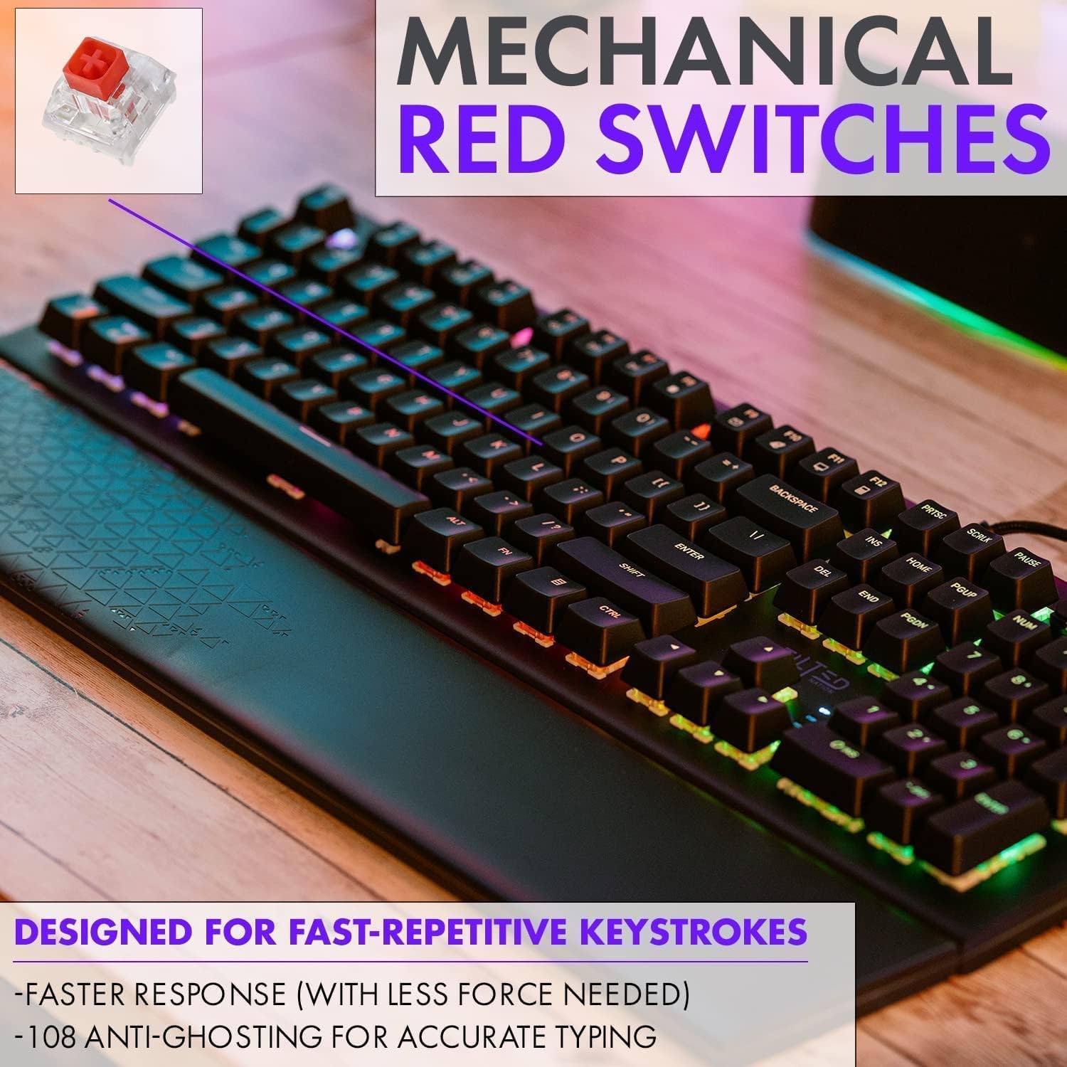 Mechanical Gaming Keyboard LED, Tilted Nation RGB Mechanical Keyboard with Volume Control Knob and Removable Wrist Rest