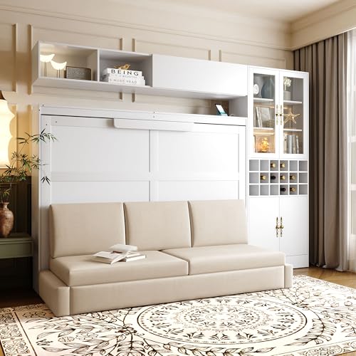 Queen Size Murphy Bed with Sofa, Shelves, USB & Light, Can be Folded Wall Bed and Tall Cabinet with Glass Doors& Wine Rack