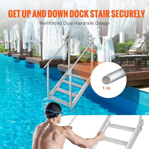 VEVOR Dock Stairs Ladder 4 Step, Aluminum Dock Steps 30"-39" Adjustable Height, 500Lbs Load, 4" Wide Nonslip Pedals