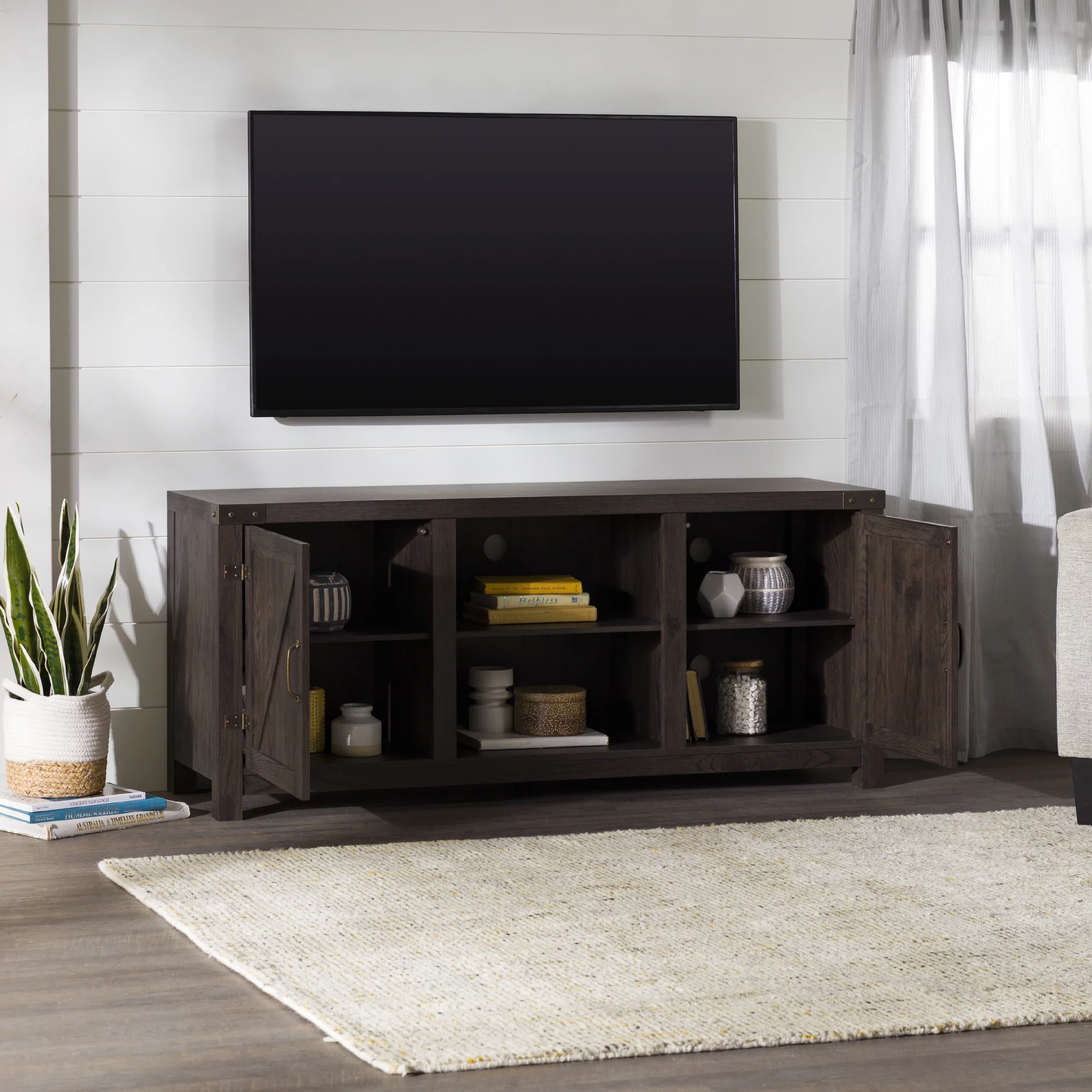 Walker Edison Modern Farmhouse Barn Door TV Stand for TVs up to 65, Grey Wash