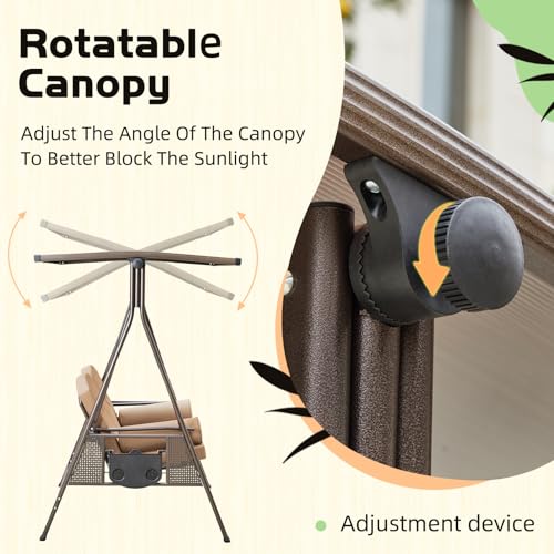 YOLENY Oversized Outdoor Porch Swing with Hardtop, 3 Seat Patio Swing with 2 Side Cup Holder, 3-in-1 Convertible Backrest Swing Bed with Cushion