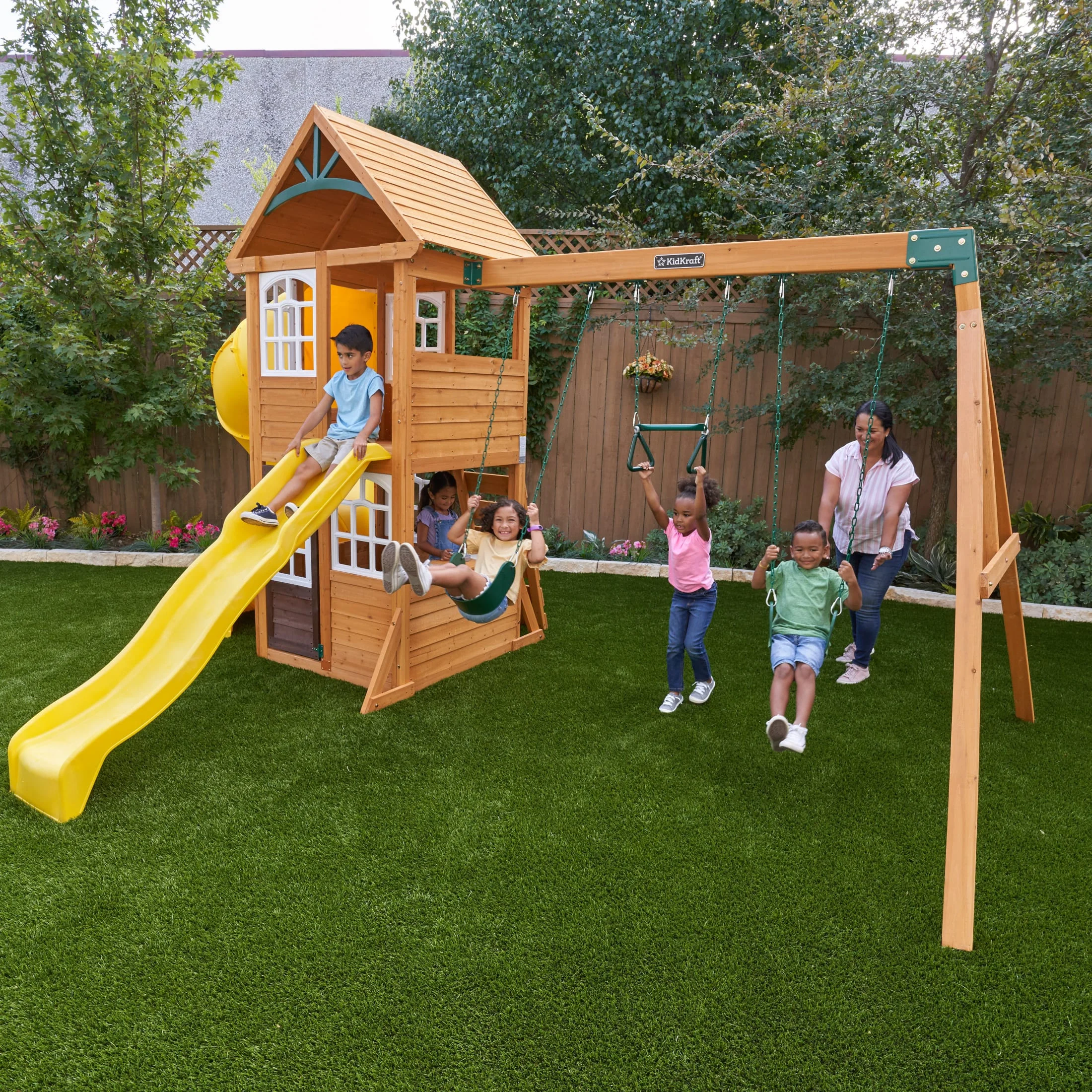 KidKraft Castlewood Wooden Swing Set / Playset with Clubhouse, Mailbox, Slide and Play Kitchen - Curated Treasures Market
