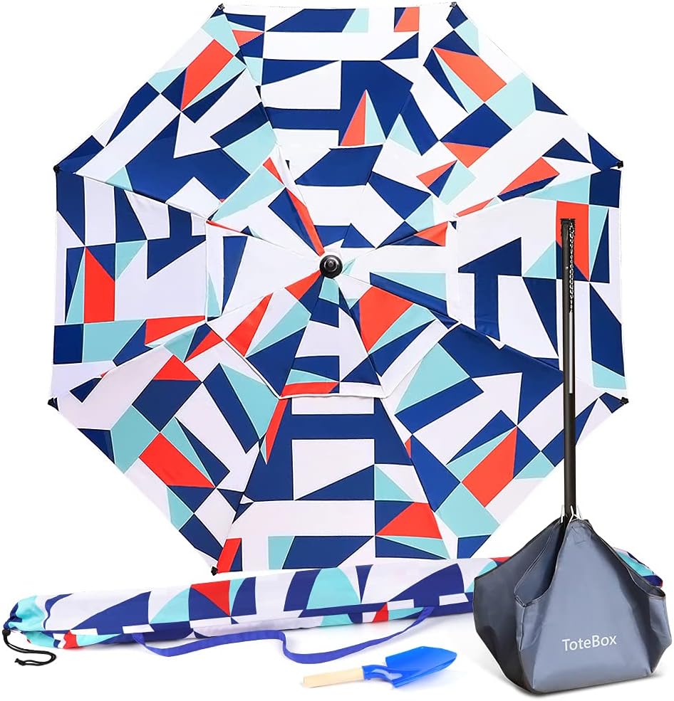 Beach Umbrella, TOTEBOX 7.5ft Portable Patio Sunshade Umbrella UPF 50+ Protection with Tilt Sand Anchor Carry Bag and Sand Bag for Yard and Pool