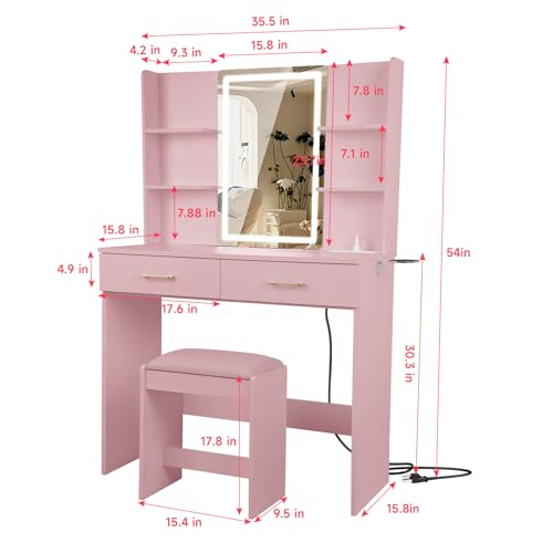Vanity Set with Lights and Stool, Vanity Desk with Mirror and Lights，Vanity Power Outlet,Vanity Desk with Drawers