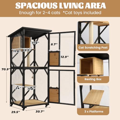 MAGIC UNION 71" Catio Outdoor Cat Enclosure Window Access, 4 Tiers Cats Playpen Catio with Wheels, Resting Box & Waterproof Roof