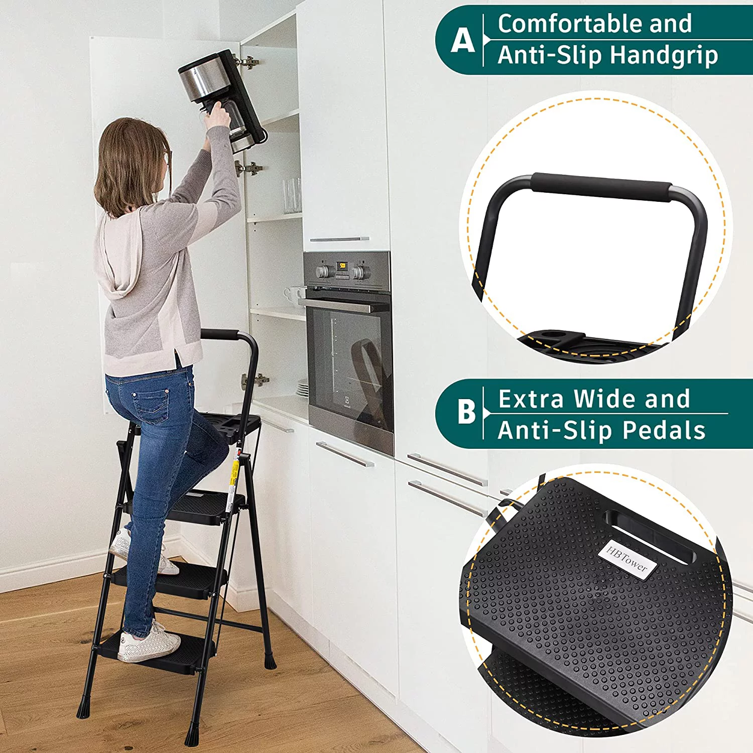 4 Step Ladder with Tool Tray, Folding Step Stool with Wide Non-Slip Pedal and Comfort Handgrip for Household and Office