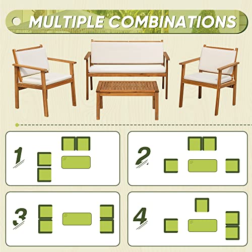 Flamaker Patio Chairs 3 Piece Acacia Wood Patio Furniture with Coffee Table & Cushions Outdoor Conversation Set Balcony Chairs for Porch, Deck