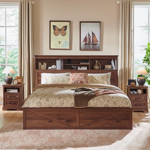 Queen Size Wood Bed Frame Farmhouse with 52" Tall Storage Bookcase Headboard, LED Light,Charging Station,4 Drawers and Solid Wood Slats Support