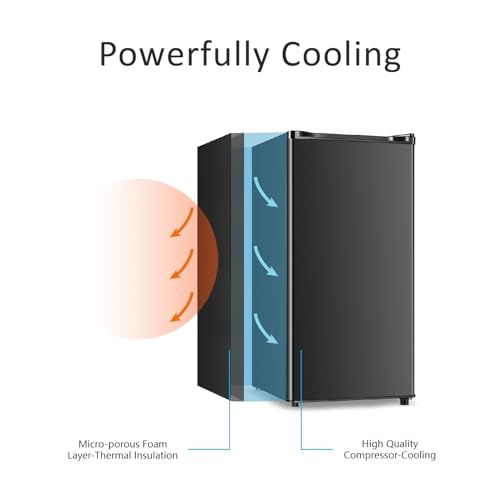 Seaoola Mini Fridge with Freezer, Single Door 3.1 Cu.Ft, Compact Mini Refrigerator, LED Light, Adjustable Thermostat, Removable Glass Shelves