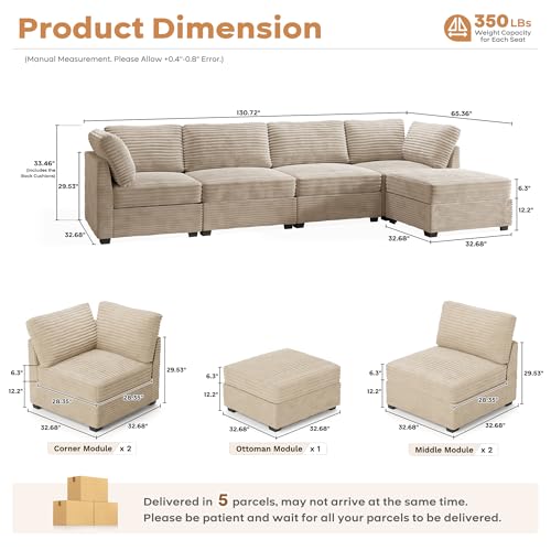 ovios 130.7" Modular Sectional Sofa Couch, U-Shaped Cloud Couches with 2 Ottomans Chaise
