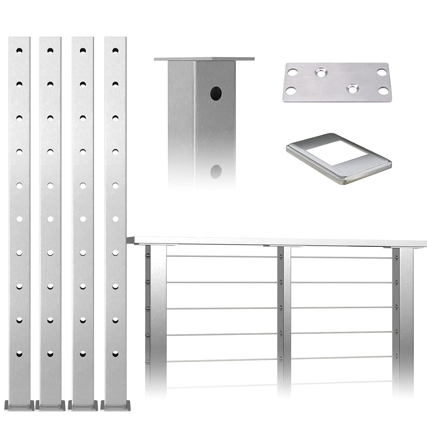Muzata 4Pack Cable Railing Post Square Weldless Flat top 36x2x2 Stainless Steel Brushed Pre-Drilled Posts Wood Concrete Surface Mount Deck Balustrade