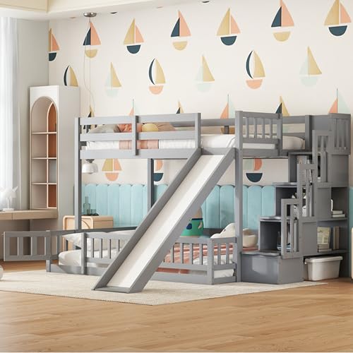 Bunk Beds Twin Over Full Size, Pine Solid Wooden Bunk Bed with Slide, Storage Staircase, Safety Guardrails for Kids, White