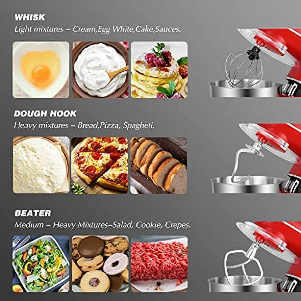 Stand Mixer, 6-Speed Electric Mixer, Tilt-Head Food Mixer with Dough Hook, Wire Whip & Beater, 6.2QT Stainless Steel Bowl, Red