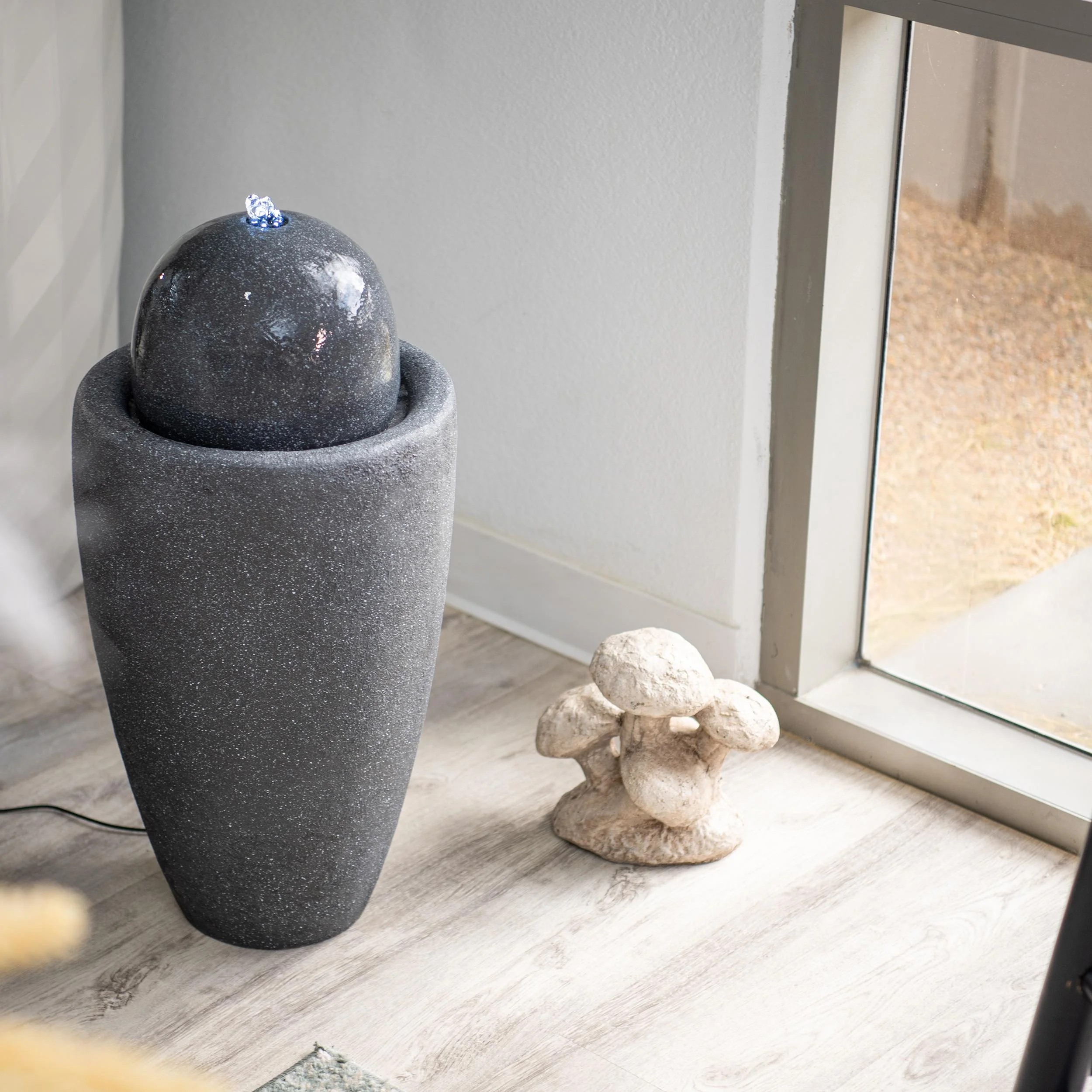 XBrand 25.98"W Round Stone Indoor/Outdoor Modern Stone Textured Sphere Water Fountain w/LED Lights, Ball Water Fountain Decor, Garden Sphere Fountain