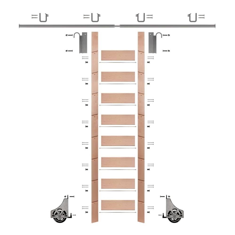 E-Glide 107 in. Un-Finished Red Oak Library Ladder Satin Nickel Sliding Hook Ladder Kit with 8 ft. Rail | EG.300-107RO-08.02