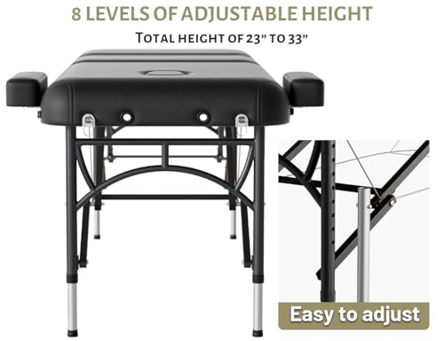 Professional Massage Table Portable 3 Fold Premium Memory Foam Aluminium Leg Hold Up to 1100LBS 8 Heights Adjustable with Carrying Bag Black