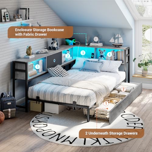 Hasuit Corner Bed Frame with Storage Bookcase, Twin Daybed with Storage Drawers Underneath, Kids Bed Unit with Charging Station and LED Light
