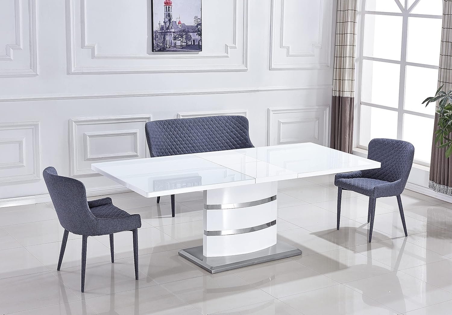Modern Glossy Extendable Dining Tables, Expandable MDF Top Table w/Butterfly Leaf & White High Gloss Lacquer MDF Base w/Stainless Steel