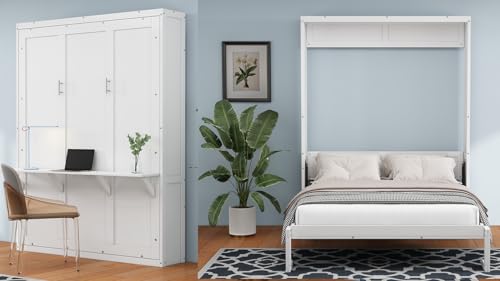 Full Size Murphy Bed with Desk Combo,61.5-inch Wood Cabinet Bed,3 in 1 Folding Wall Bed Murphy beds for Guest Room/Study/Office(White)