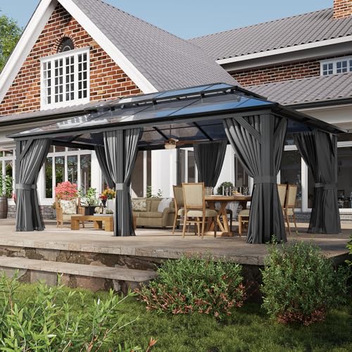 Aoxun 12'x10' Hardtop Gazebo, Aluminum Frame Permanent Pavilion with Curtains and Netting, Outdoor Polycarbonate Double Roof Canopy